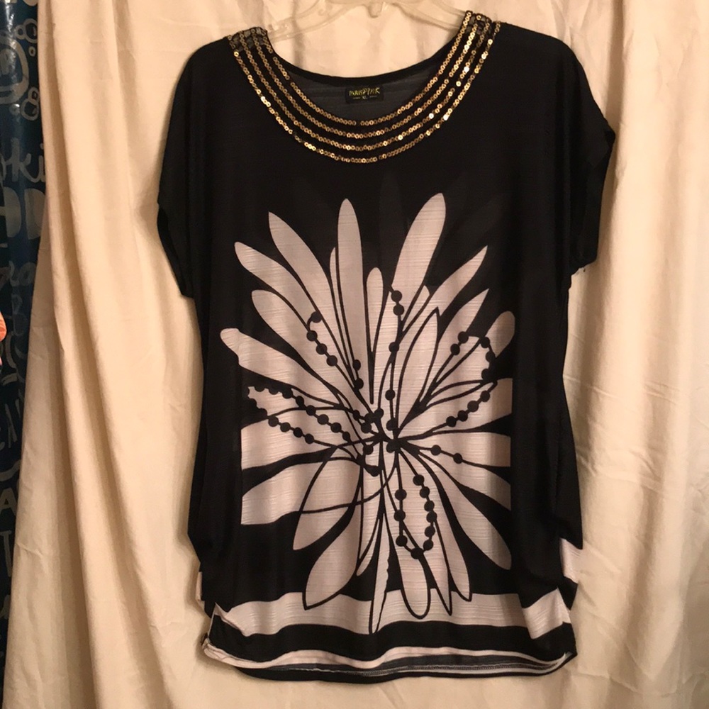 Blouse black sequin neckline XL